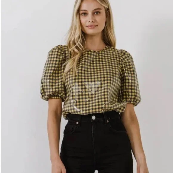 ENGLISH FACTORY SEQUINS PUFF SLEEVE GINGHAM TOP SMALL - Picture 1 of 9